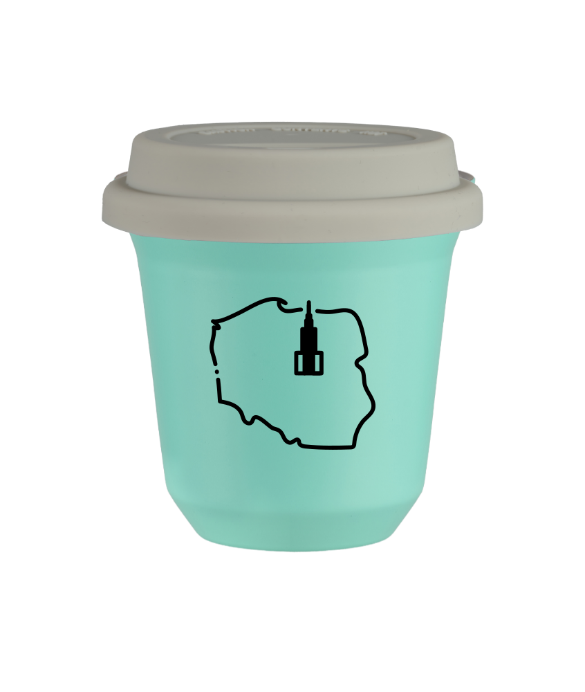 Kubek 80 ml TURKUSOWY "Polska (czarny)", z białą pokrywką