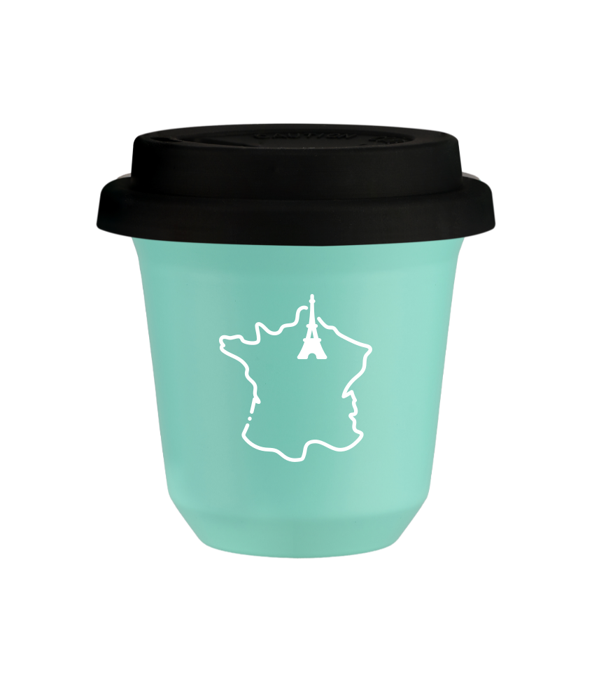 Kubek 80 ml TURKUSOWY "Francja (biały)", z czarną pokrywką