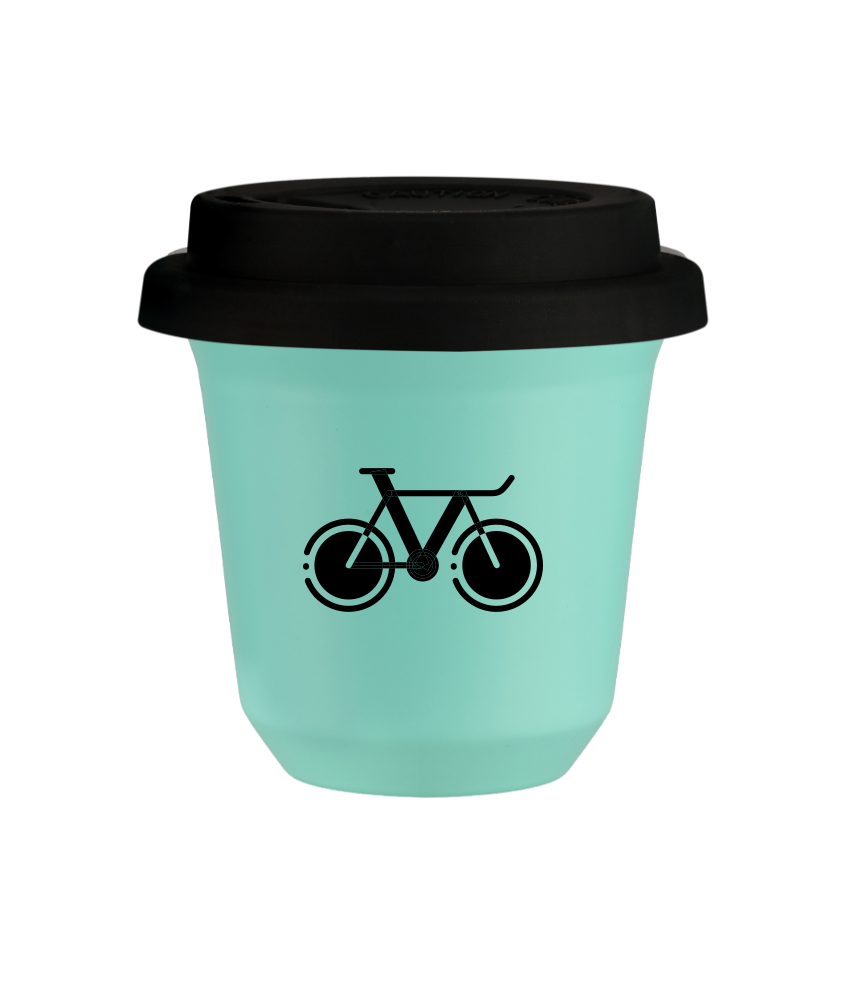 Kubek 80 ml TURKUSOWY "Rower 1", z czarną pokrywką
