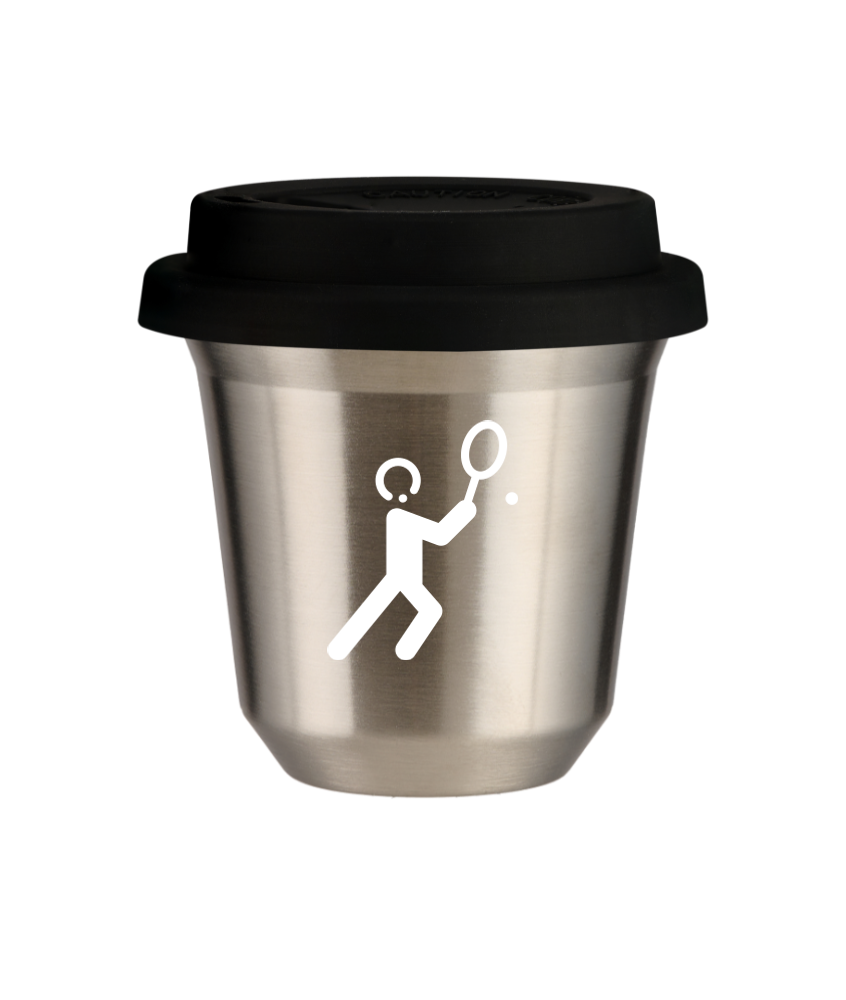 Kubek 80 ml SREBRNY "Tenis 1 (biały)", z czarną pokrywką