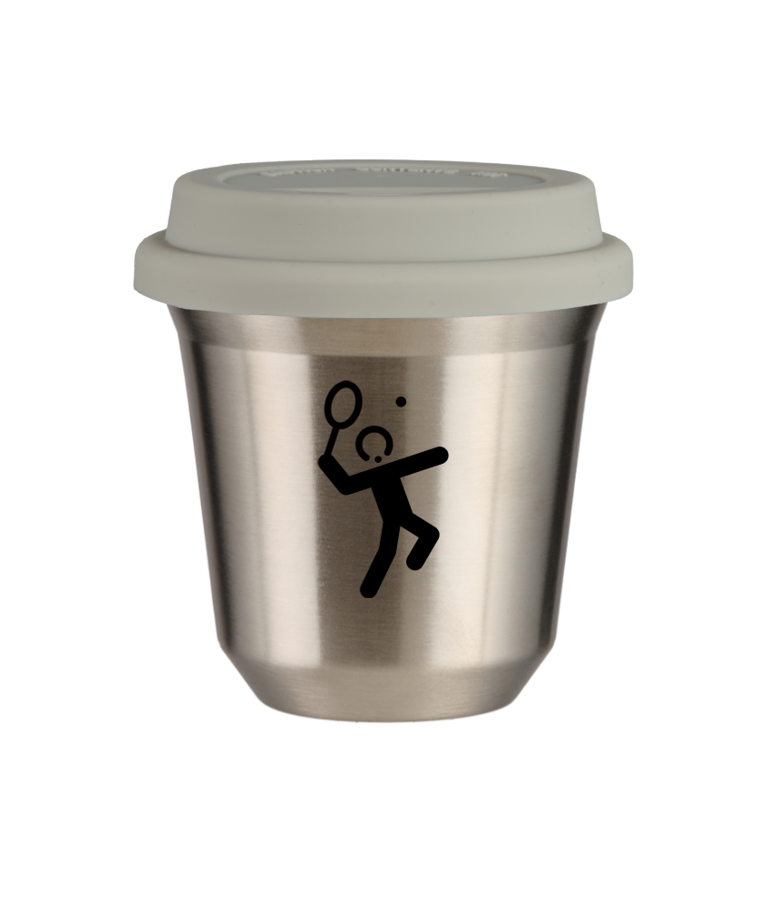 Kubek 80 ml SREBRNY "Tenis 2 (czarny)", z białą pokrywką