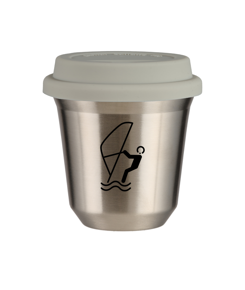 Kubek 80 ml SREBRNY "Sporty wodne (czarny)", z białą pokrywką