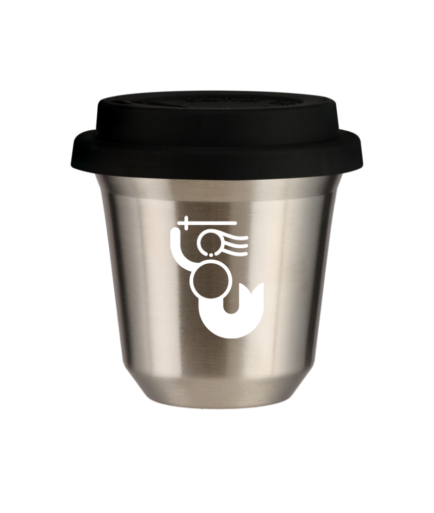 Kubek 80 ml SREBRNY "WARSZAWSKA SYRENKA (biały)", z czarną pokrywką