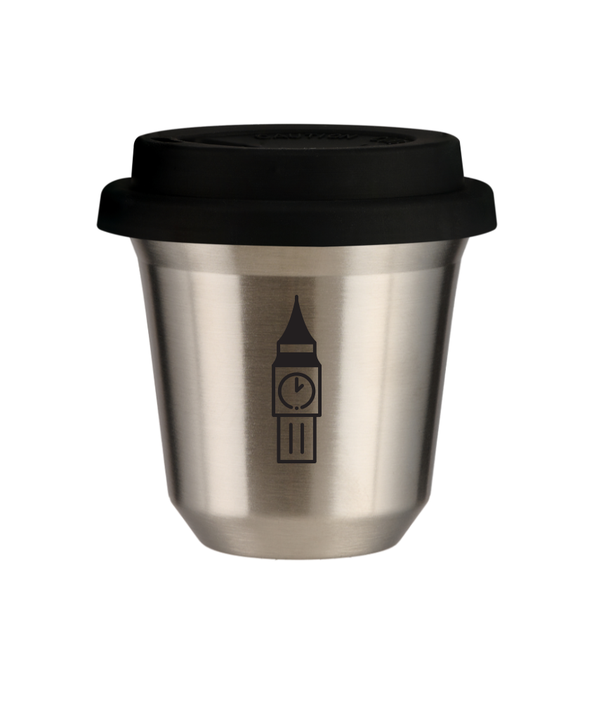 Kubek 80 ml SREBRNY "BIG BEN (czarny)", z czarną pokrywką Kubek 80 ml SREBRNY "BIG BEN (czarny)", z czarną pokrywką
