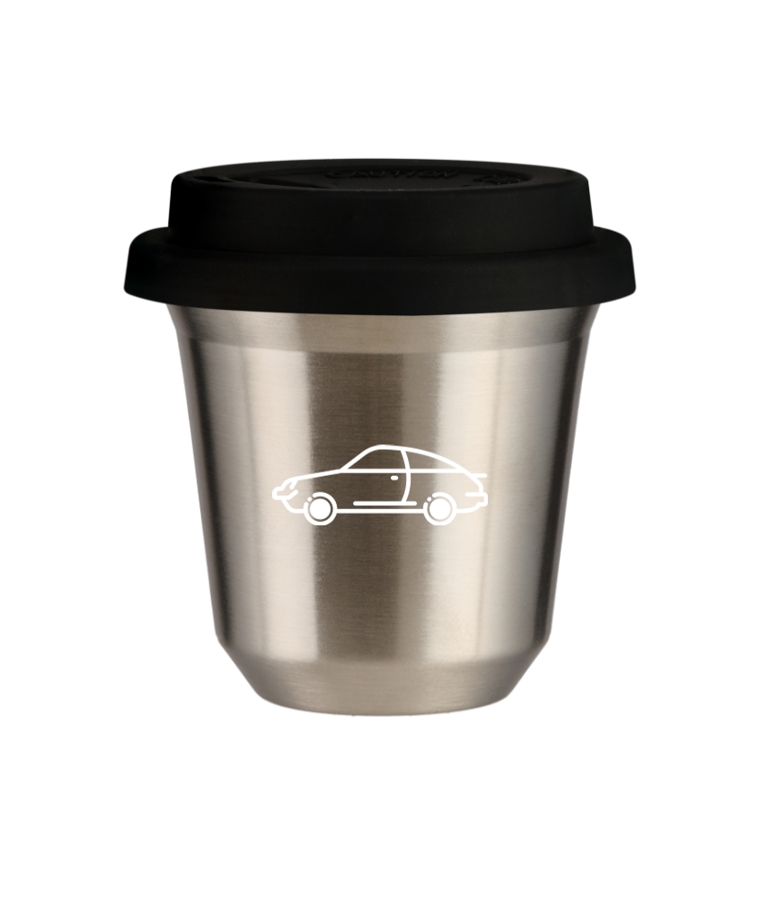 Kubek 80 ml SREBRNY "Samochód (biały)", z czarną pokrywką Kubek 80 ml SREBRNY "Samochód (biały)", z czarną pokrywką