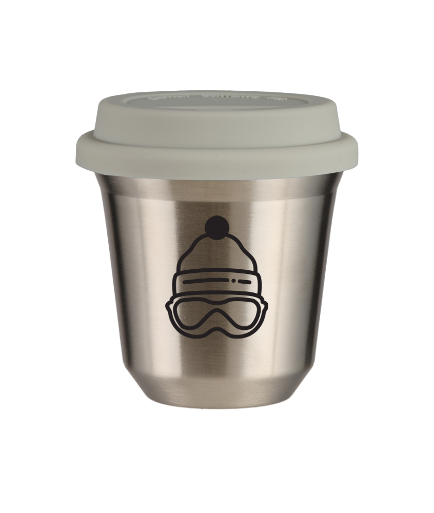 Kubek 80 ml SREBRNY "Czapka (czarny)", z białą pokrywką