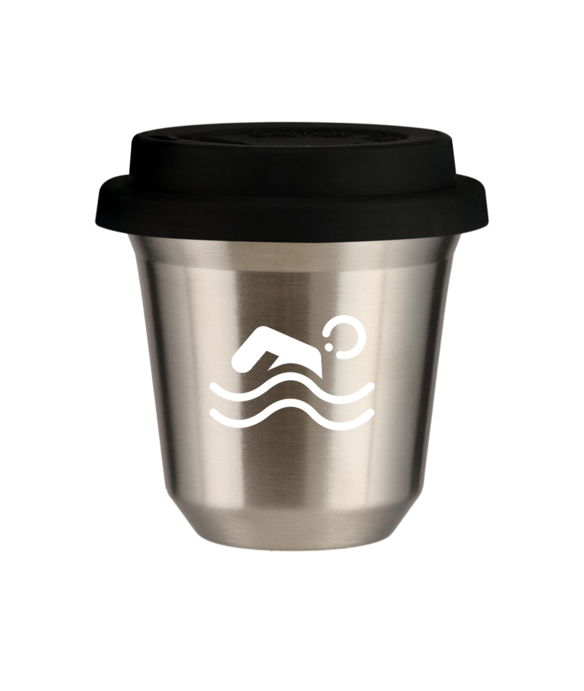 Kubek 80 ml SREBRNY "Pływanie (biały)", z czarną pokrywką