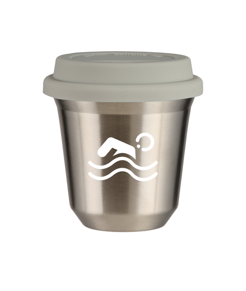 Kubek 80 ml SREBRNY "Pływanie (biały)", z białą pokrywką Kubek 80 ml SREBRNY "Pływanie (biały)", z białą pokrywką