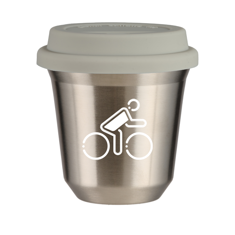 Kubek 80 ml SREBRNY "Kolarz w polskich barwach (biały)", z białą pokrywką