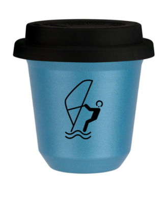 Kubek 80 ml BŁĘKITNY METALIC "Sporty wodne (czarny)", z czarną pokrywką Kubek 80 ml BŁĘKITNY METALIC "Sporty wodne (czarny)", z czarną pokrywką