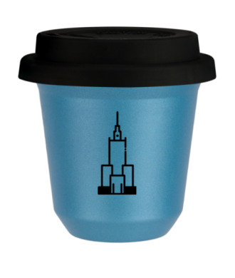 Kubek 80 ml BŁĘKITNY METALIC "Pałac kultury i nauki (czarny)", z czarną pokrywką Kubek 80 ml BŁĘKITNY METALIC "Pałac kultury i nauki (czarny)", z czarną pokrywką