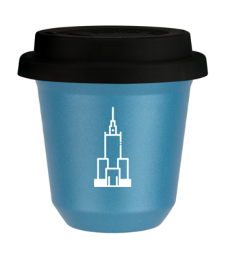 Kubek 80 ml BŁĘKITNY METALIC "Pałac kultury i nauki (biały)", z czarną pokrywką Kubek 80 ml BŁĘKITNY METALIC "Pałac kultury i nauki (biały)", z czarną pokrywką