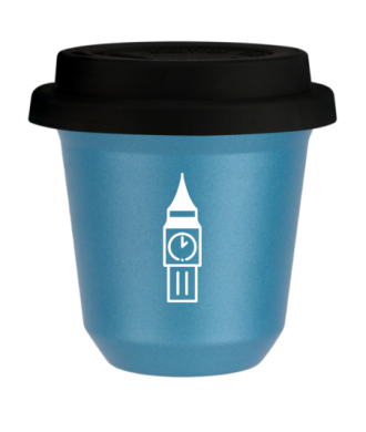 Kubek 80 ml BŁĘKITNY METALIC "BIG BEN (biały)", z czarną pokrywką Kubek 80 ml BŁĘKITNY METALIC "BIG BEN (biały)", z czarną pokrywką