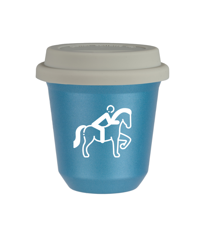 Kubek 80 ml BŁĘKITNY METALIC "Jeździectwo 2 (biały)", z białą pokrywką