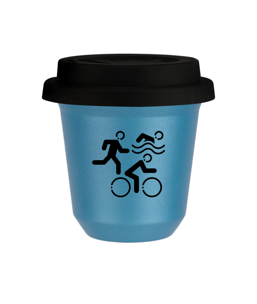 Kubek 80 ml BŁĘKITNY METALIC "Sporty (czarny)", z czarną pokrywką