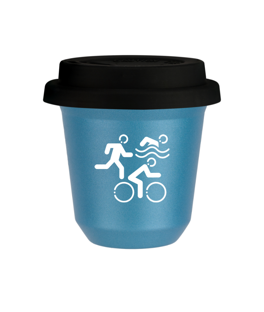 Kubek 80 ml BŁĘKITNY METALIC "Sporty (biały)", z czarną pokrywką