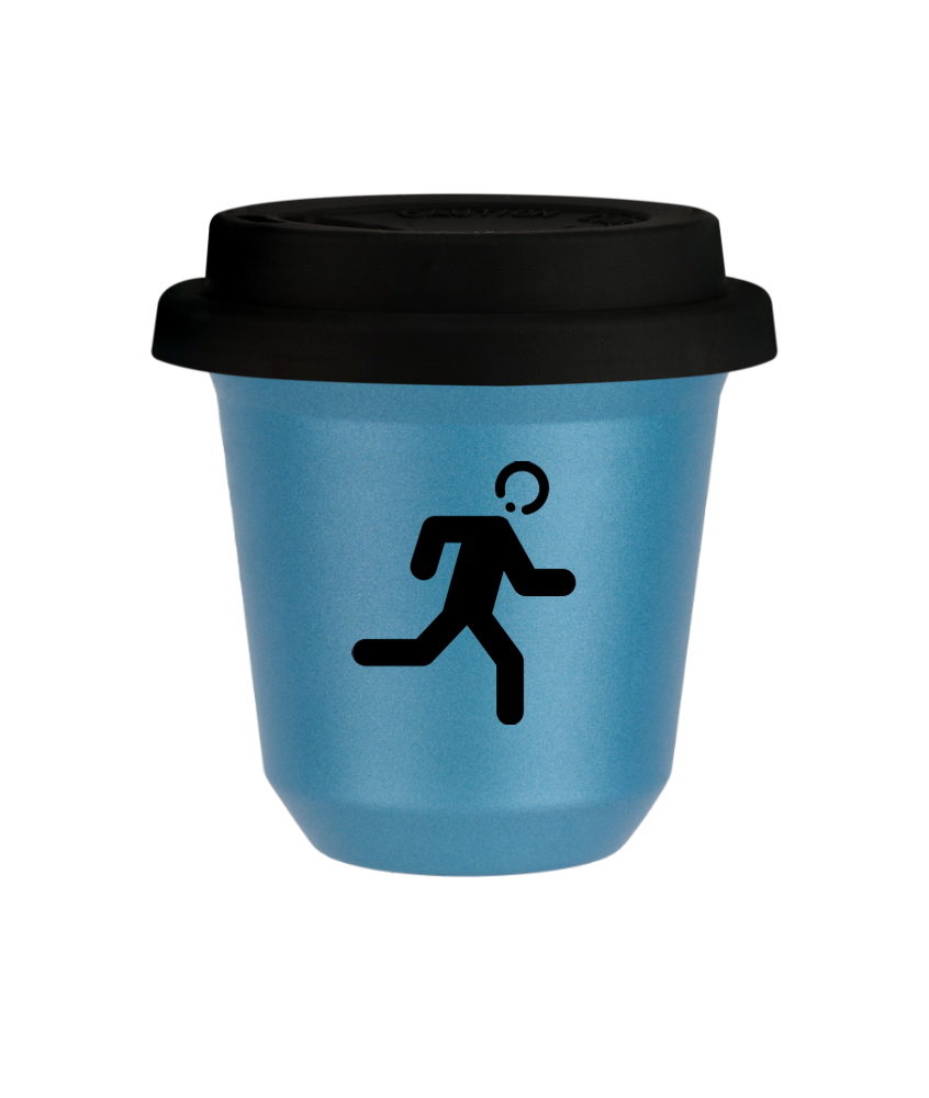 Kubek 80 ml BŁĘKITNY METALIC "Biegacz", z czarną pokrywką