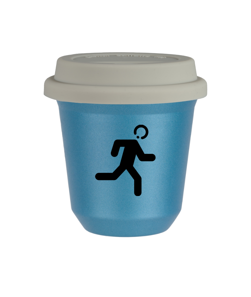 Kubek 80 ml BŁĘKITNY METALIC "Biegacz", z białą pokrywką