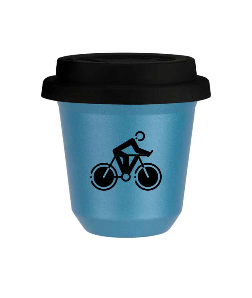 Kubek 80 ml BŁĘKITNY METALIC "Kolarstwo 2", z czarną pokrywką