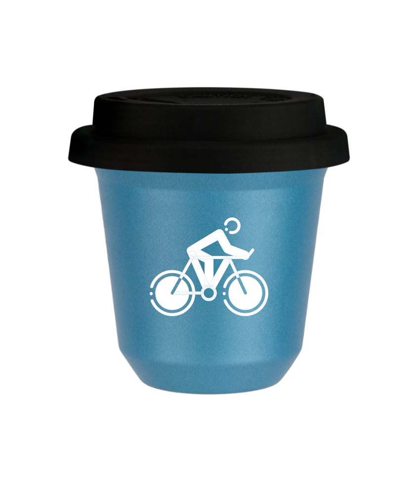 Kubek 80 ml BŁĘKITNY METALIC "Kolarstwo 2 (biały)", z czarną pokrywką