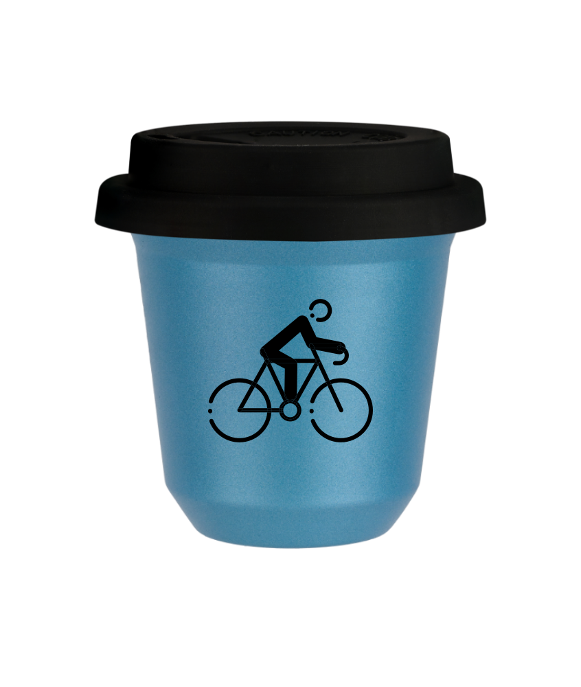 Kubek 80 ml BŁĘKITNY METALIC "Kolarstwo 3", z czarną pokrywką