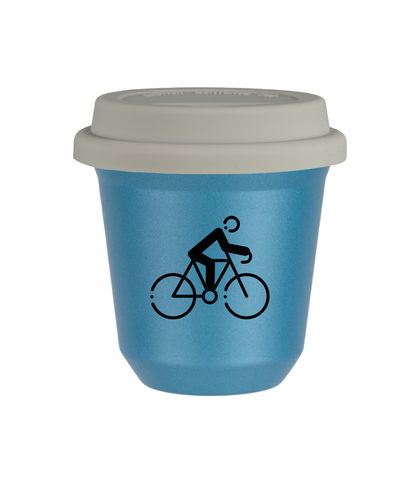 Kubek 80 ml BŁĘKITNY METALIC "Kolarstwo 3 (czarny)", z białą pokrywką