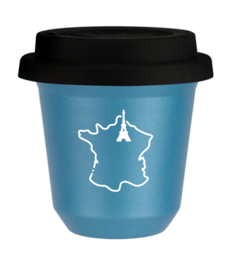 Kubek 80 ml BŁĘKITNY METALIC "Francja (biały)", z czarną pokrywką Kubek 80 ml BŁĘKITNY METALIC "Francja (biały)", z czarną pokrywką