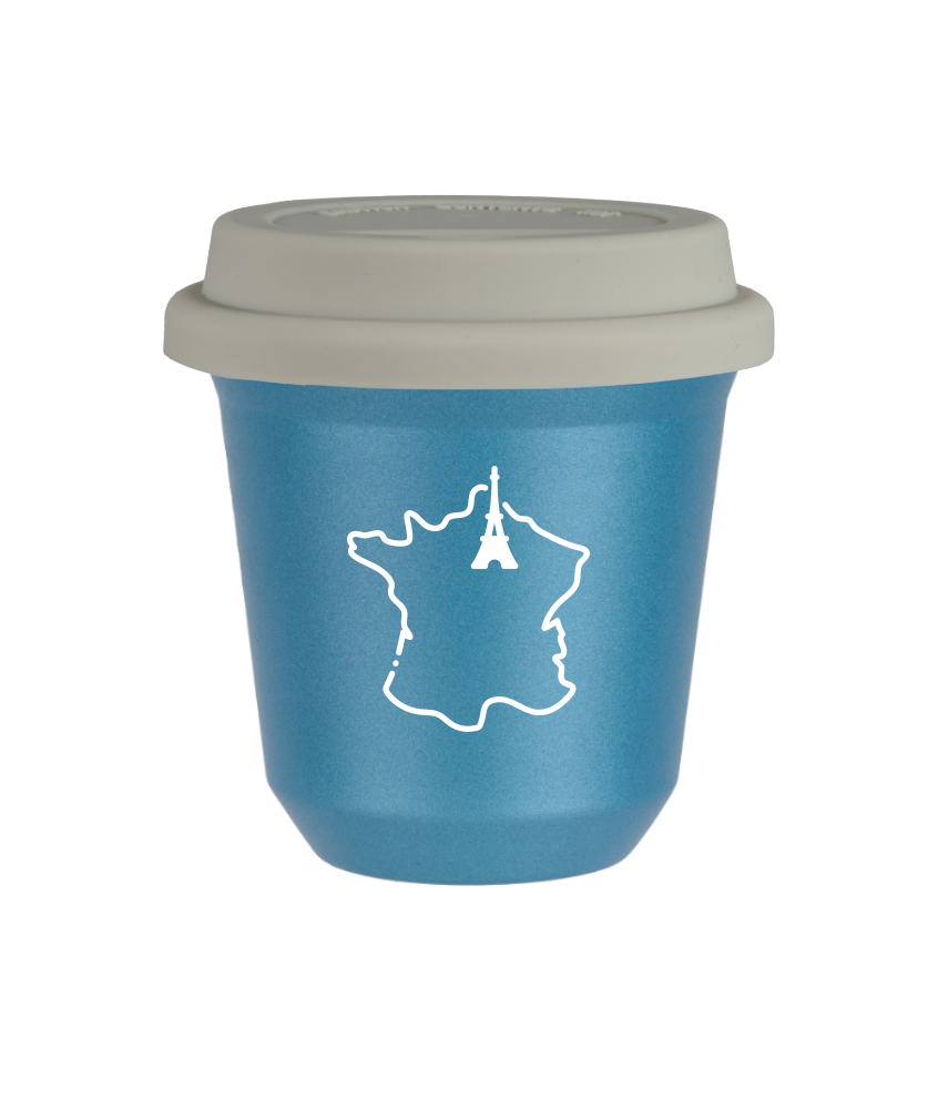 Kubek 80 ml BŁĘKITNY METALIC "Francja (biały)", z białą pokrywką