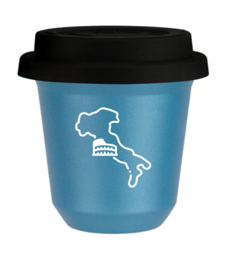 Kubek 80 ml BŁĘKITNY METALIC "Włochy (biały)", z czarną pokrywką Kubek 80 ml BŁĘKITNY METALIC "Włochy (biały)", z czarną pokrywką
