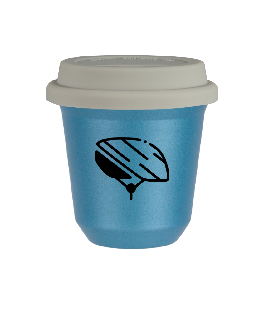 Kubek 80 ml BŁĘKITNY METALIC "Kask", z białą pokrywką