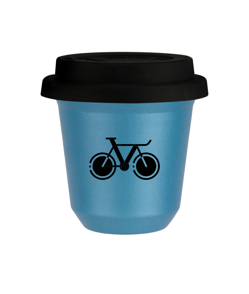 Cup 80 ml METALLIC LIGHT BLUE "Bicycle 1 (black)", with black lid