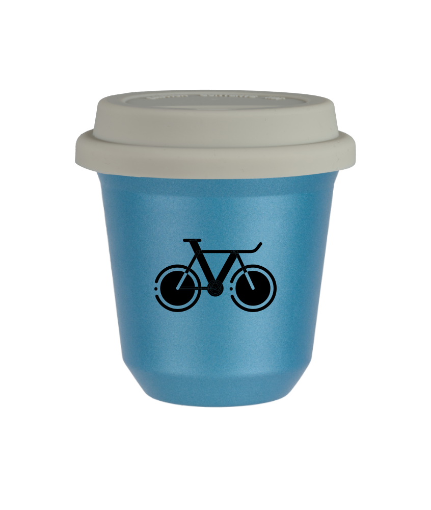 Kubek 80 ml BŁĘKITNY METALIC "Rower 1 (czarny)", z białą pokrywką