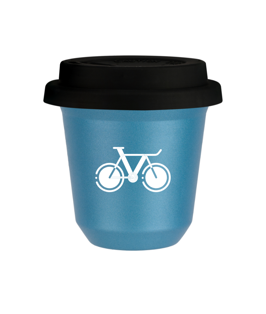 Kubek 80 ml BŁĘKITNY METALIC "Rower 1 (biały)", z czarną pokrywką