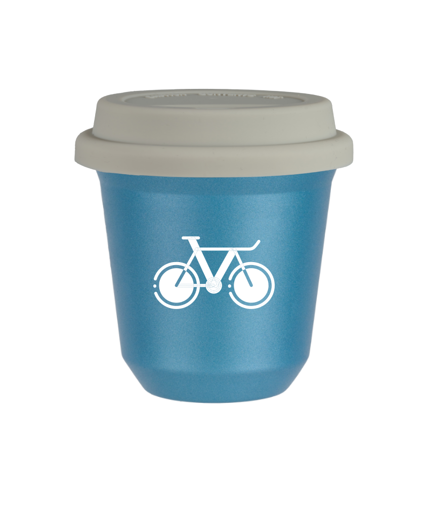 Kubek 80 ml BŁĘKITNY METALIC "Rower 1 (biały)", z białą pokrywką Kubek 80 ml BŁĘKITNY METALIC "Rower 1 (biały)", z białą pokrywką