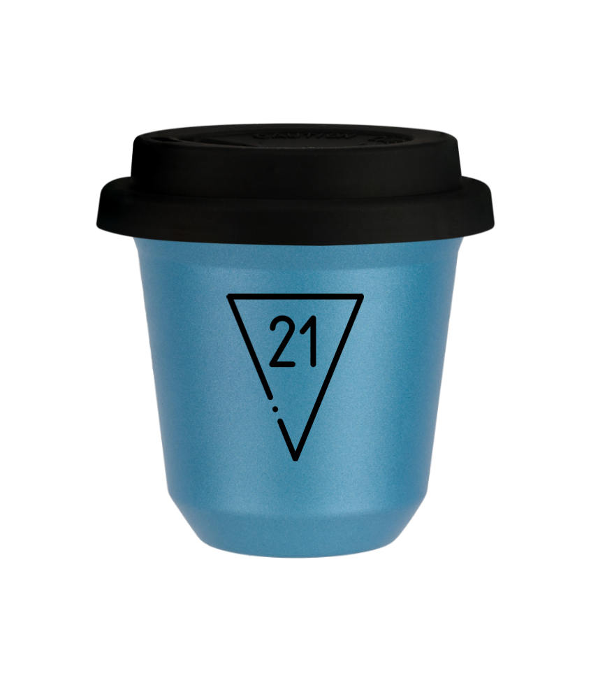 Kubek 80 ml BŁĘKITNY METALIC "21 (czarny)", z czarną pokrywką