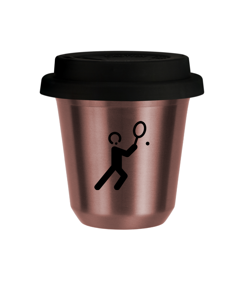 Kubek 80 ml RÓŻOWE ZŁOTO "Tenis 1 (czarny)", z czarną pokrywką Kubek 80 ml RÓŻOWE ZŁOTO "Tenis 1 (czarny)", z czarną pokrywką