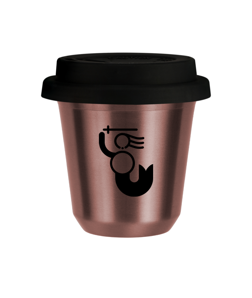 Kubek 80 ml RÓŻOWE ZŁOTO "WARSZAWSKA SYRENKA", z czarną pokrywką