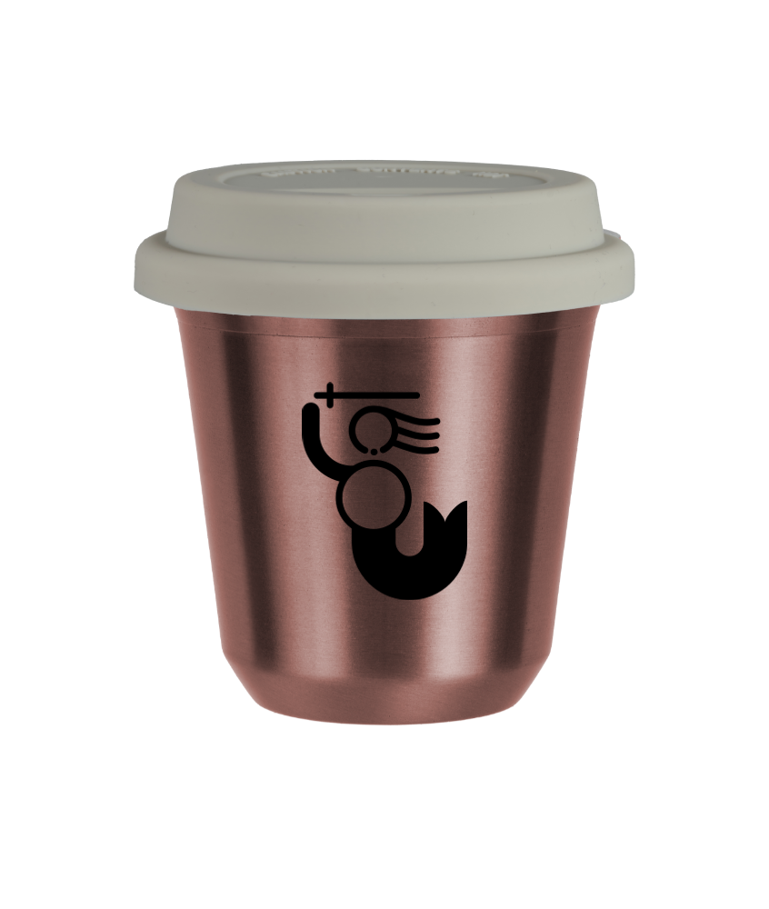 Kubek 80 ml RÓŻOWE ZŁOTO "WARSZAWSKA SYRENKA", z białą pokrywką Kubek 80 ml RÓŻOWE ZŁOTO "WARSZAWSKA SYRENKA", z białą pokrywką