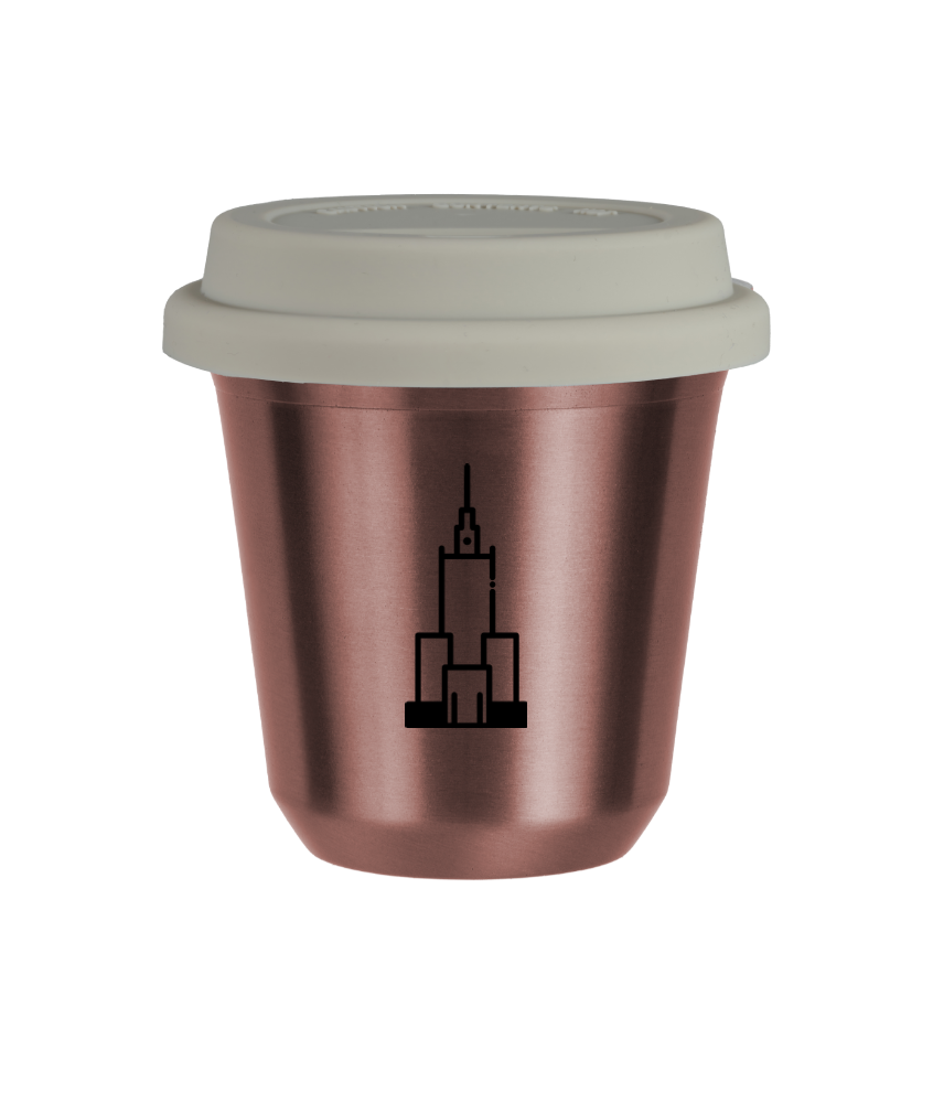 Cup 80 ml ROSE GOLD "Pałac kultury i nauki (black)", with white lid