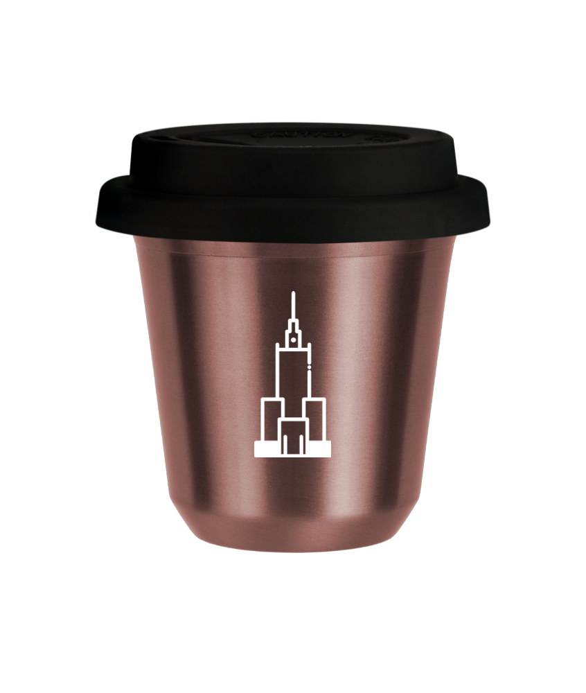 Kubek 80 ml RÓŻOWE ZŁOTO "Pałac kultury i nauki (biały)", z czarną pokrywką