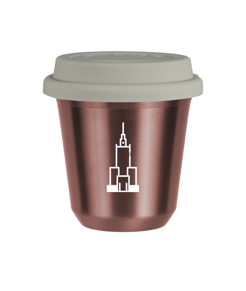 Kubek 80 ml RÓŻOWE ZŁOTO "Pałac kultury i nauki (biały)", z białą pokrywką Kubek 80 ml RÓŻOWE ZŁOTO "Pałac kultury i nauki (biały)", z białą pokrywką