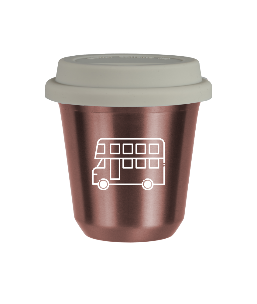 Kubek 80 ml RÓŻOWE ZŁOTO "Autobus (biały)", z białą pokrywką