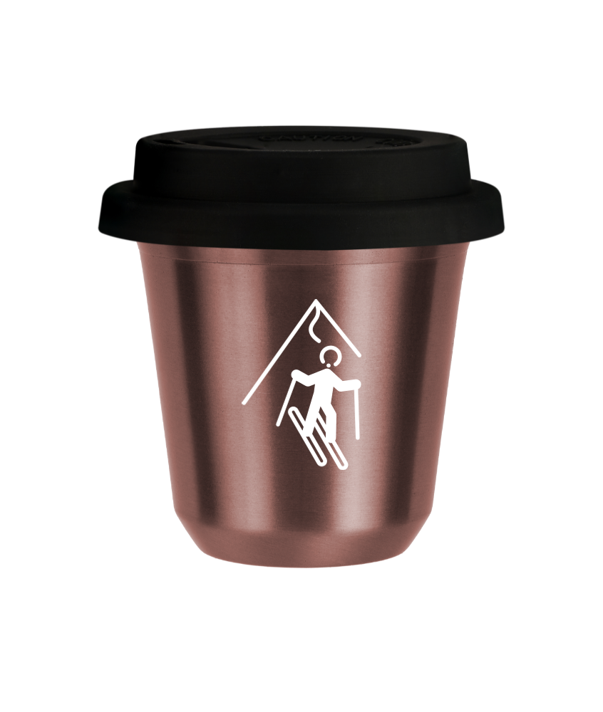 Kubek 80 ml RÓŻOWE ZŁOTO "Narciarstwo (biały)", z czarną pokrywką