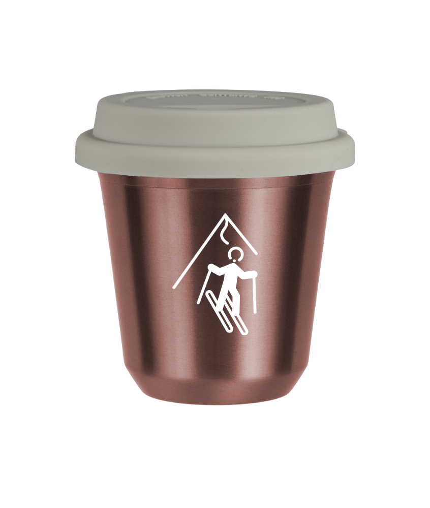 Kubek 80 ml RÓŻOWE ZŁOTO "Narciarstwo (biały)", z białą pokrywką