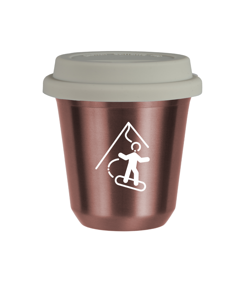 Kubek 80 ml RÓŻOWE ZŁOTO "Snowboard (biały)", z białą pokrywką