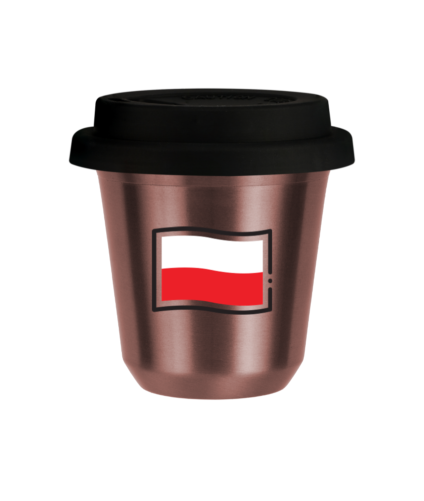 Kubek 80 ml RÓŻOWE ZŁOTO "Flaga Polski (czarny)", z czarną pokrywką