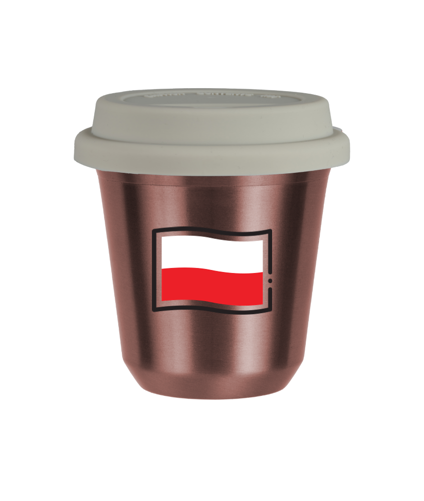 Kubek 80 ml RÓŻOWE ZŁOTO "Flaga Polski (czarny)", z białą pokrywką