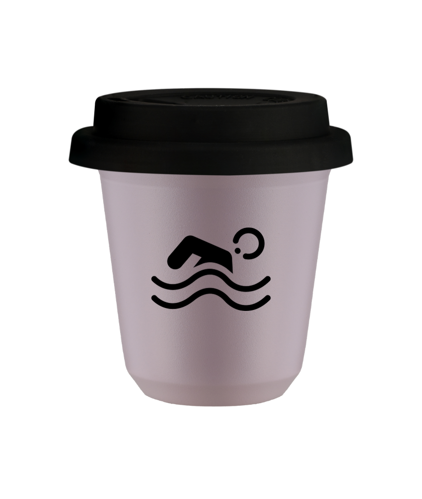 Kubek 80 ml LAWENDOWY "Pływanie", z czarną pokrywką