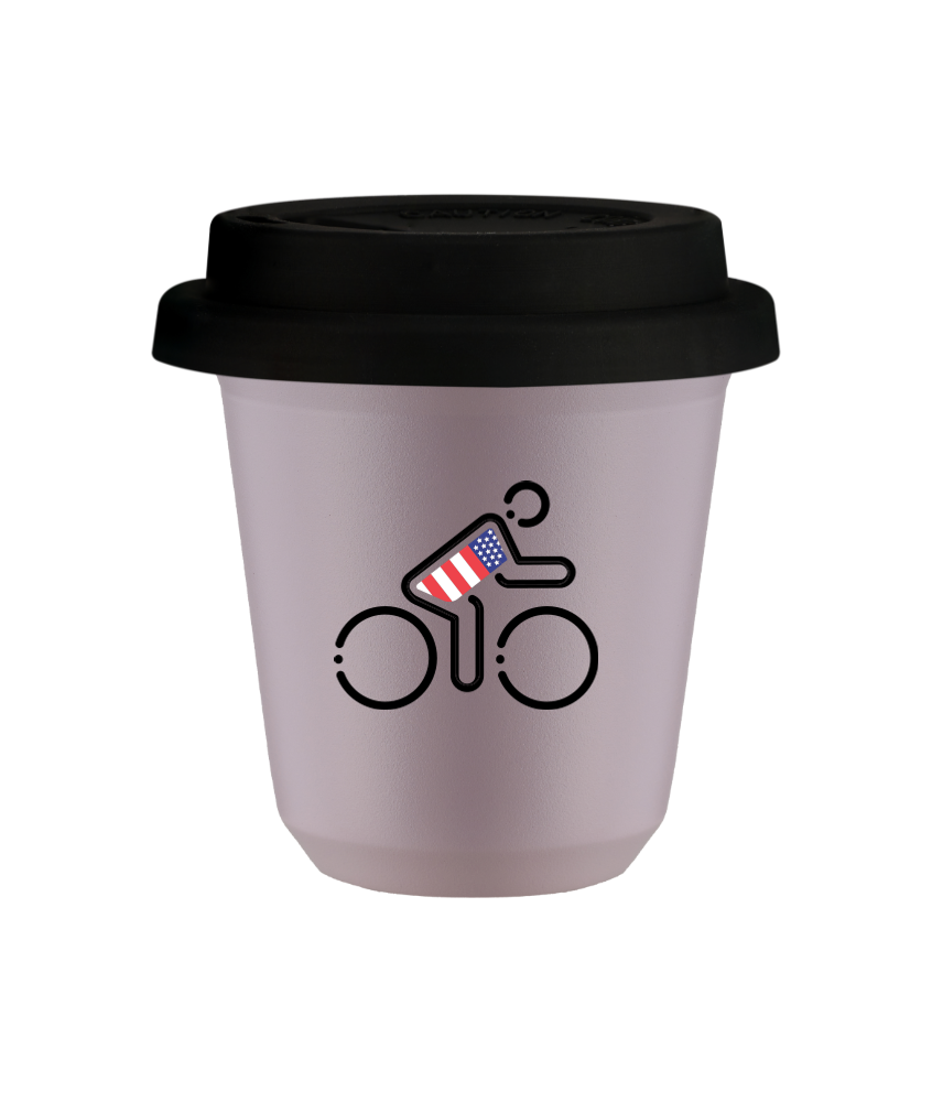 Kubek 80 ml LAWENDOWY "Kolarz w brytyjskich barwach (czarny)", z czarną pokrywką