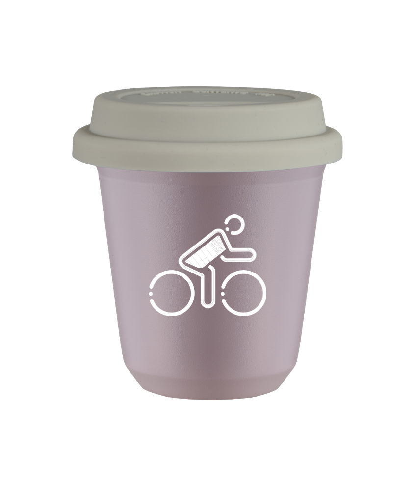 Kubek 80 ml LAWENDOWY "Kolarz w brytyjskich barwach (biały)", z białą pokrywką
